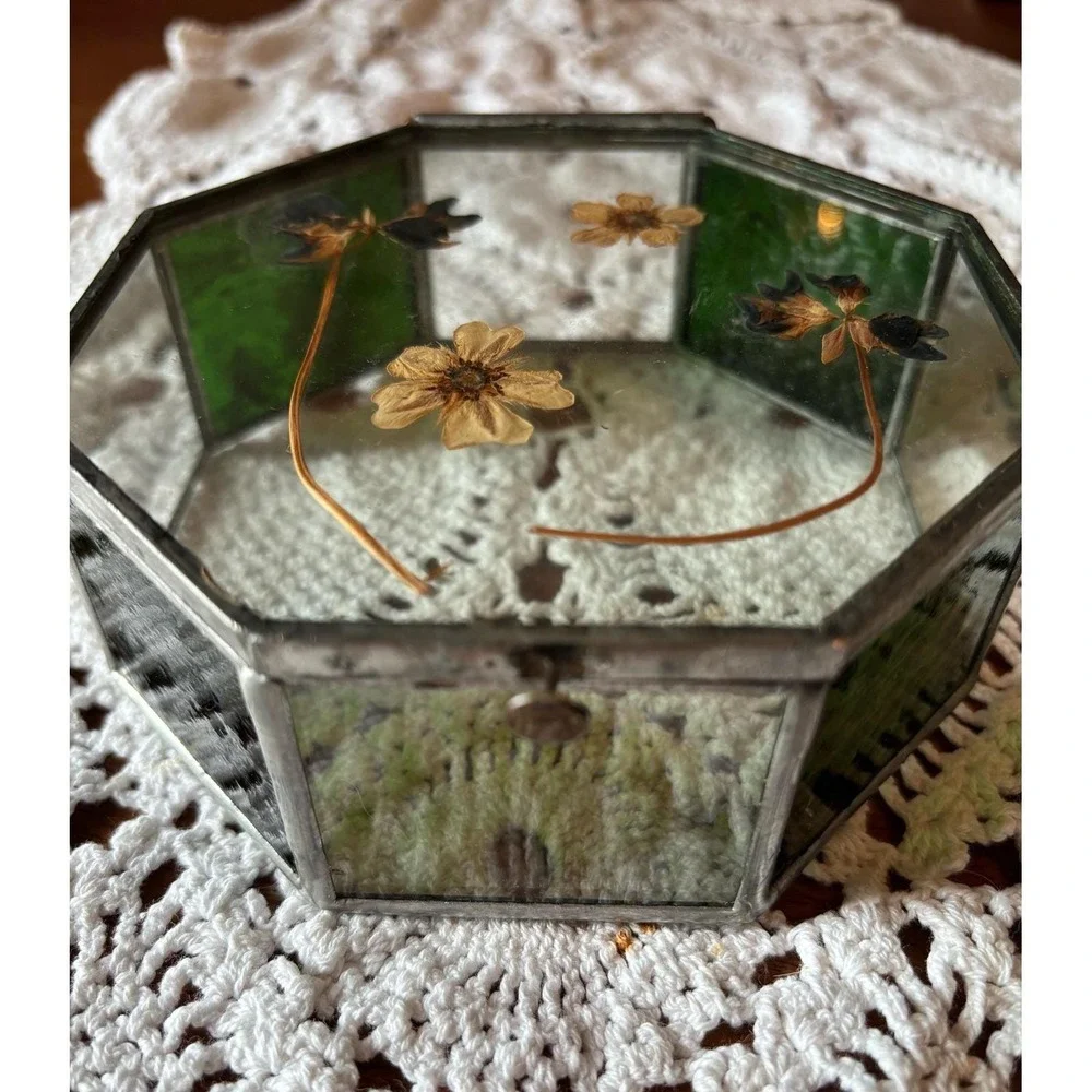Vintage Stained Glass Hexagon Trinket Box Pressed Flower Jewelry Case